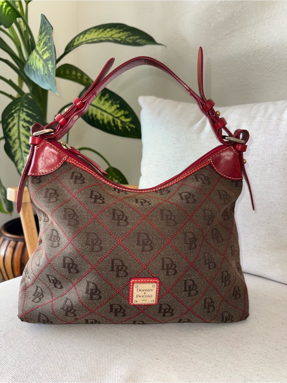 Vintage Dooney & Bourke East-West Slouchy Brown Red Monogram Hobo Canvas Purse